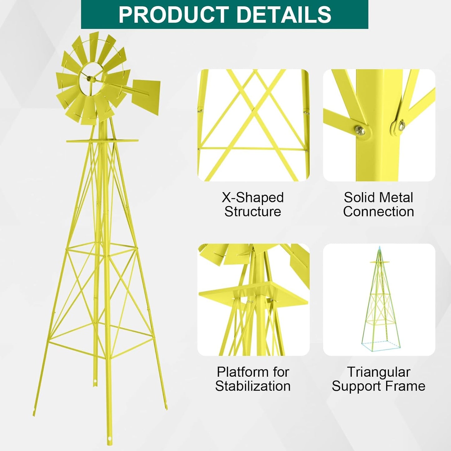 8ft Garden Windmill, Heavy Duty Metal Weather Vane for Backyard, Ornamental Windmill for Yard Weather Resistant (Yellow, 8FT)