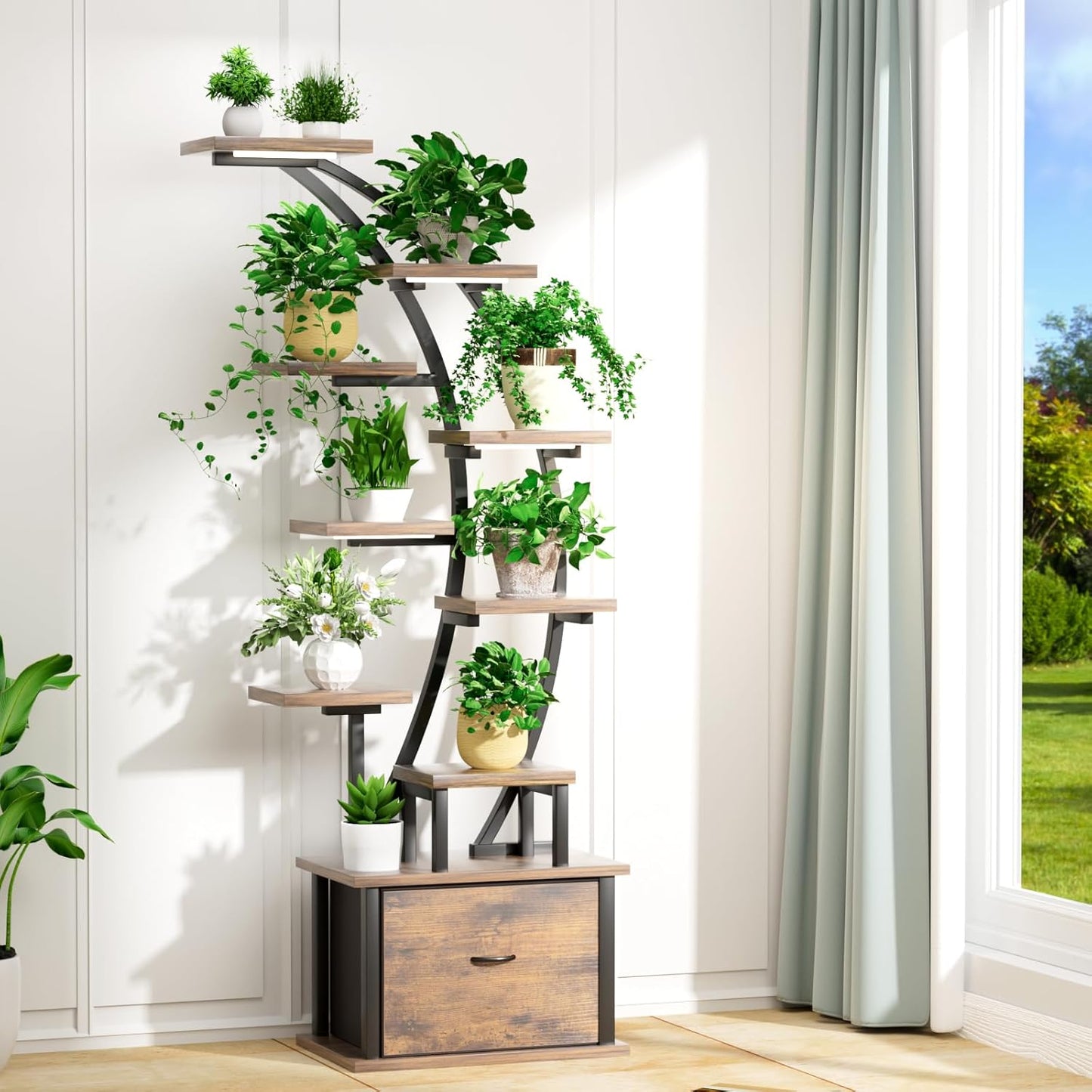 10-Tier Tall Plant Stand Indoor with Grow Lights, 65" Corner Plant Shelf with Storage Drawer, Metal Plant Rack for Multiple Plants, Waterproof & Sturdy Display Holder for Living Room, Patio