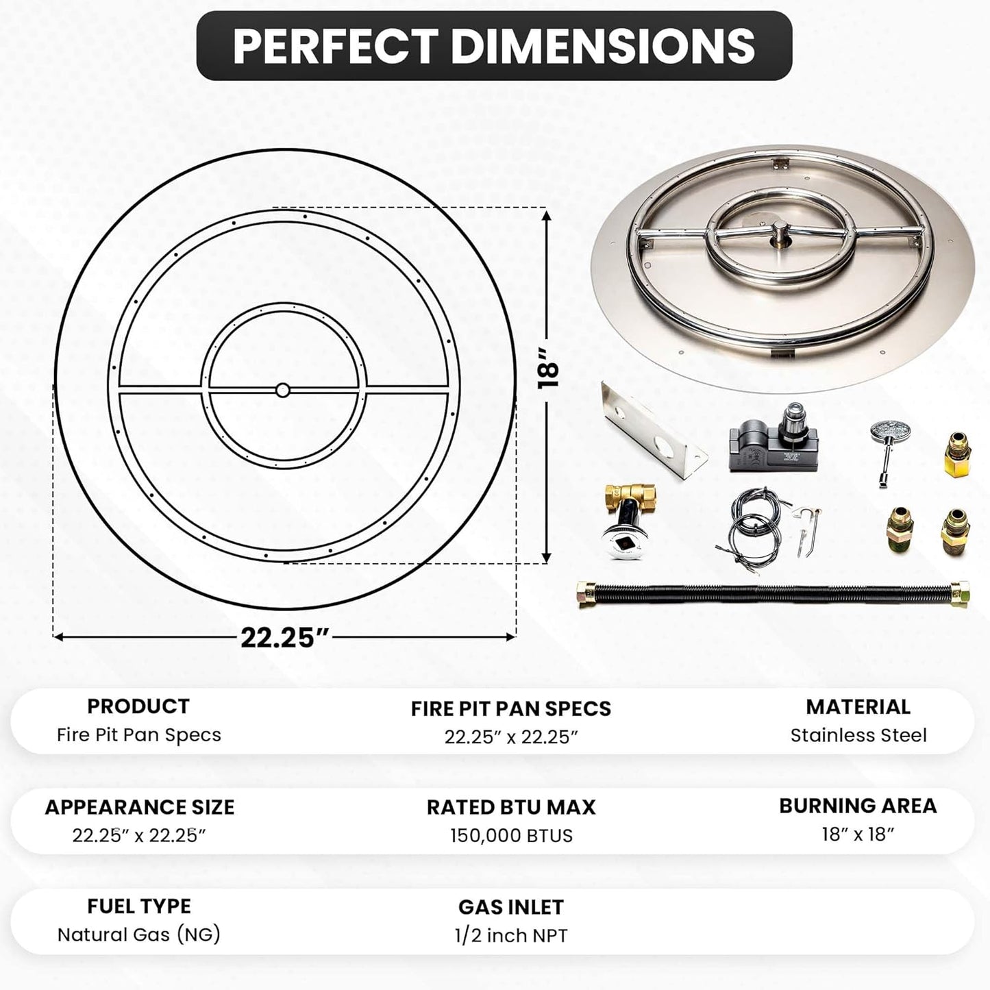 Stainless Steel Fire Pit Burner Pan & Ring Standard Kit with Spark Ignition for Natural Gas, 22-Inch Pan, 18-Inch Ring, 150,000 BTU Max