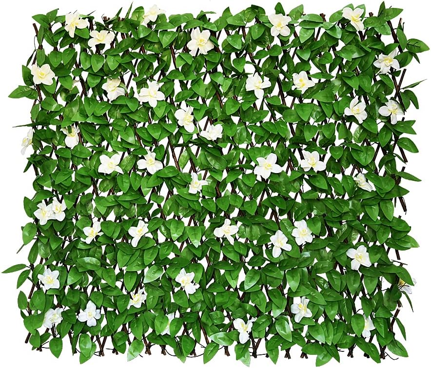 Expandable Fence Privacy Screen for Balcony Patio Outdoor,Decorative Faux Ivy Fencing Panel,Artificial Hedges (Single Sided Leaves) (1, White Flowers)