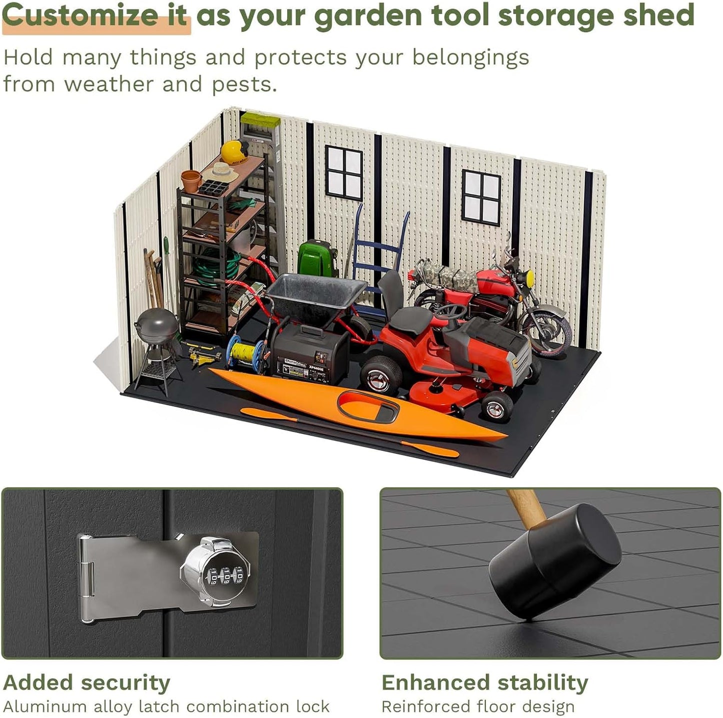 Patiowell 8 x 12 FT Plastic Outdoor Storage Shed with Floor, Resin Shed with Window and Lockable Door for Garden, Backyard, Tool Storage Use, Easy to Install in Beige (Kick-it Shed)