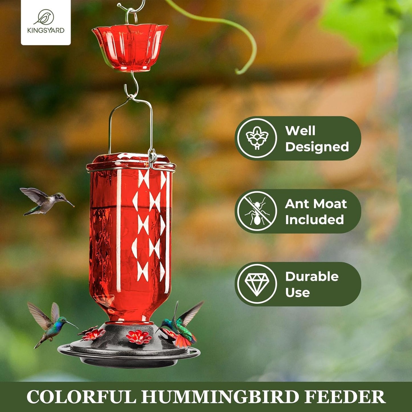 Kingsyard Glass Hummingbird Feeder for Outdoor Hanging, 24 Ounces, 6 Feeding Ports, Bird Nectar Feeder for Garden Décor, Ant Moat Included, Red