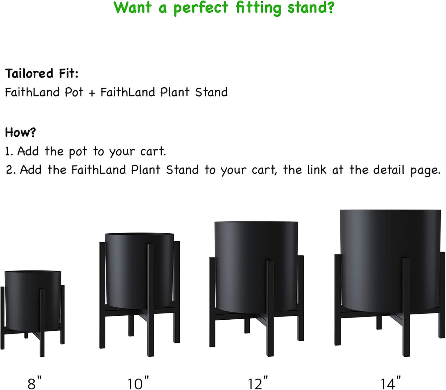 FaithLand Plant Pot 14 inch - Perfectly Fits Mid-Century Modern Plant Stand - Drainage Plug and Drainage Mesh Screen - Matte Black