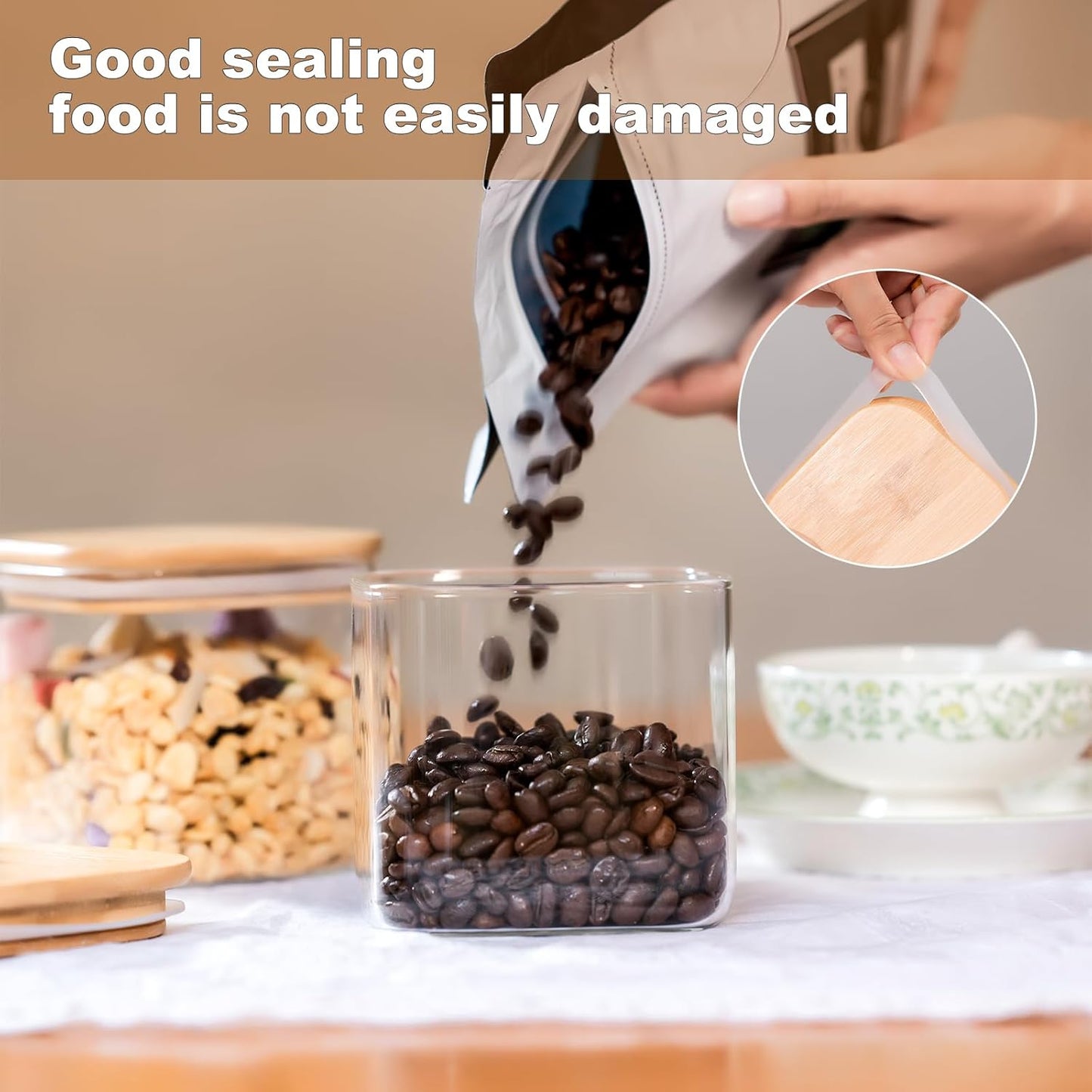 Glass Food Storage Jars 27oz Set of 6,Glass Storage Containers Clear Glass Food Canister with Bamboo Lid Airtight For Serving Tea, Coffee, Flour, Sugar, Candy, Cookie, Spice and More (Square)