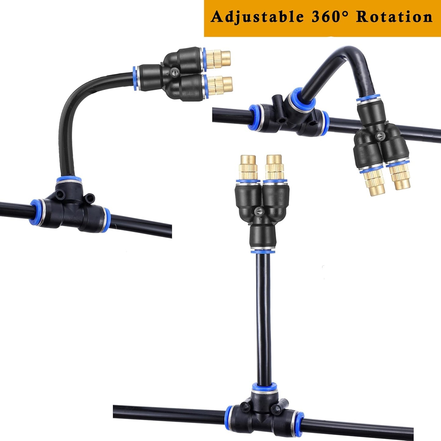 Mornajina 3Packs 2 Way Brass Misting Nozzles Tee with 9inch Built in Hose for Outdoor Cooling System, Adjustable 360° Rotation, Water Mister Nozzles Thread Sprayer 0.043" (1.1 mm)