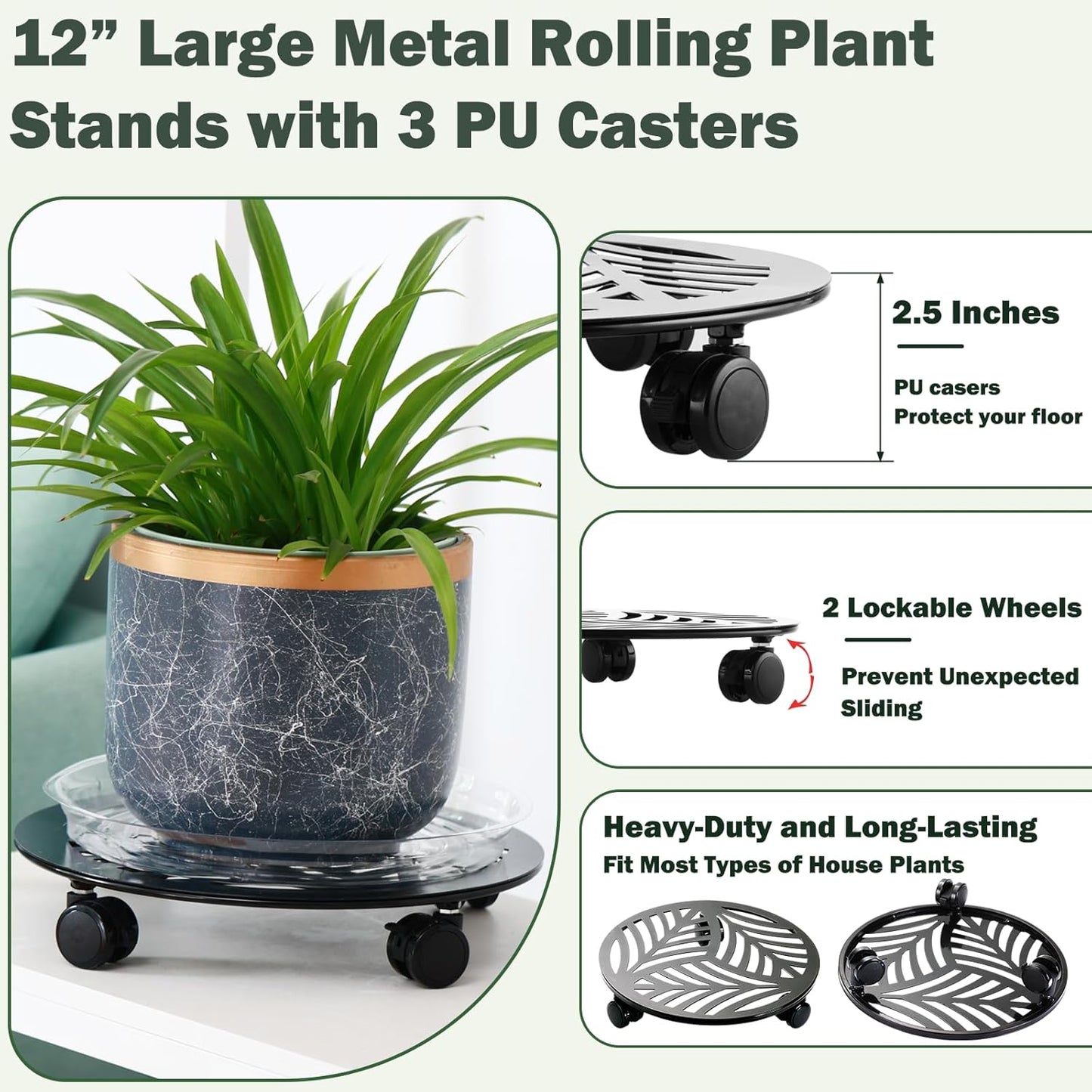 3 Packs Large Metal Plant Caddy with 3 PU Wheels 12" Heavy-duty Wrought Iron Rolling Plant Stands Indoor Outdoor Wheeled Plant Dolly Planter Mover Rollers Plant Trolley Cart, Plant Saucers Included
