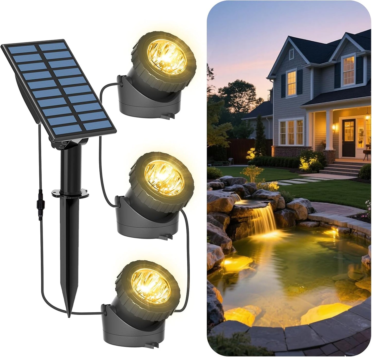 T-SUN Solar Pond Lights, 3-in-1 Warm White LED Submersible Light with 2 Light Modes, IP68 Waterproof Floating Underwater Lights for Outdoor Ponds, Garden Fountain, Decorative Aquascape