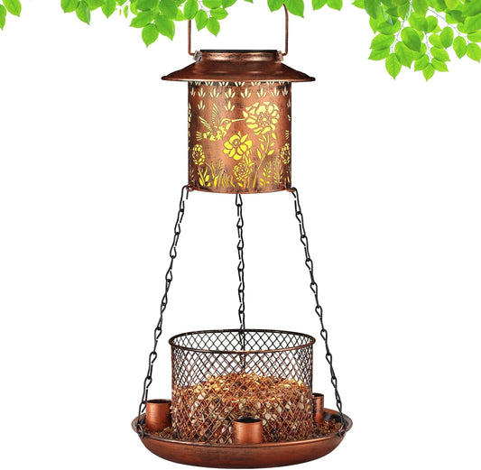 Hummingbird Solar Bird Feeder for Outdoor Hanging Gifts for Women Mom Grandma Metal Wild Birdfeeder Garden Lantern Decor Lanterns Outside for Yard, Patio, Lawn, Pathway, Landscape