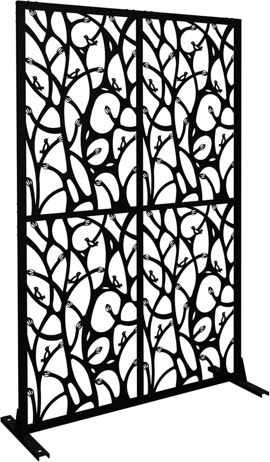 Metal Privacy Screens 72" H Outdoor Privacy Screens Panels Outdoor and Indoor Bird Pattern Divider with Freestanding Decorative for Balcony Patio Garden Room Divider, Black