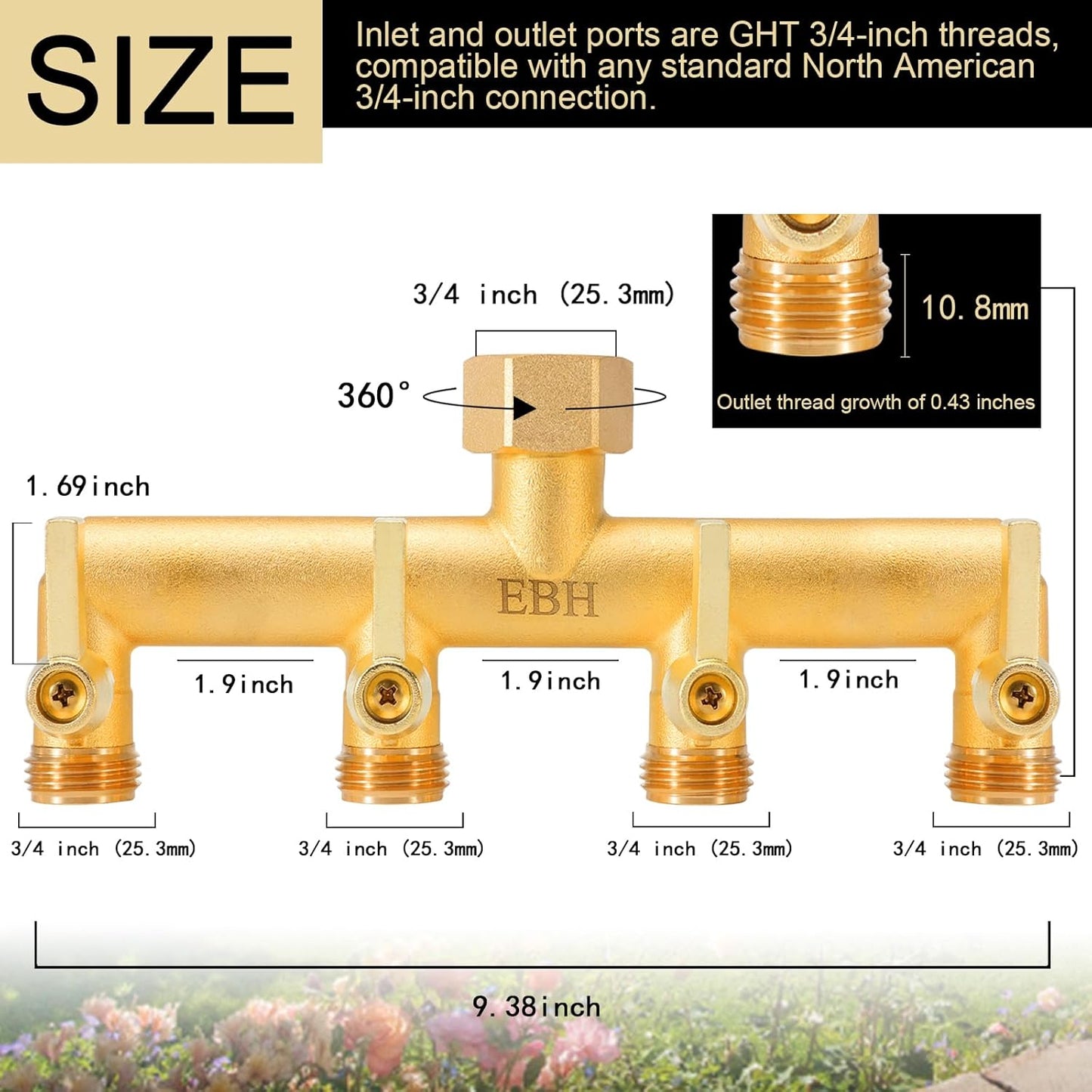 EBH Brass Garden Hose Splitter, 4-Way Heavy Duty Hose Splitter, Outdoor Faucet Manifold, with Extended Metal Handle and Individual On/Off Valve Spout, 3/4” GHT Threads