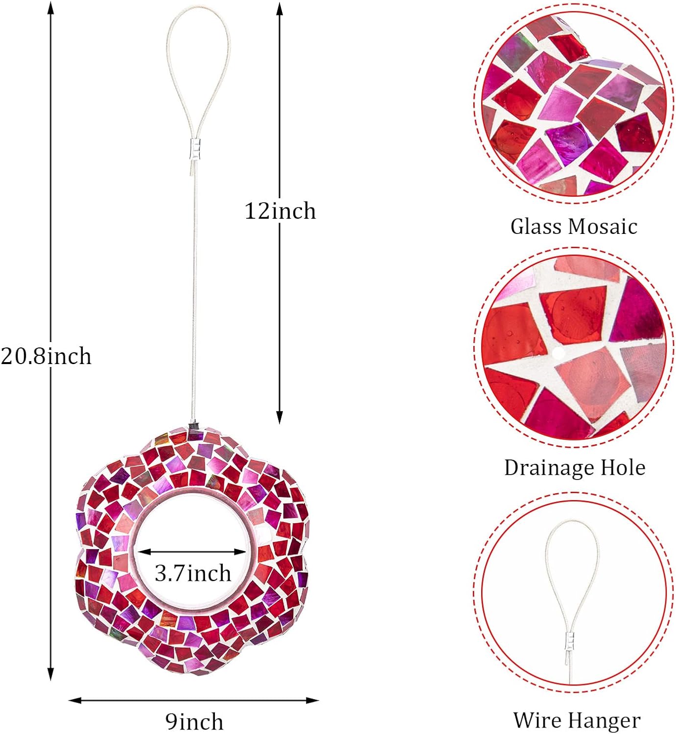 Yinns 9 inch Large Mosaic Bird Feeder, Fly Through Glass Bird Feeder, Hanging Bird Feeder with Oval Stained Glass for Outdoor Garden Decor