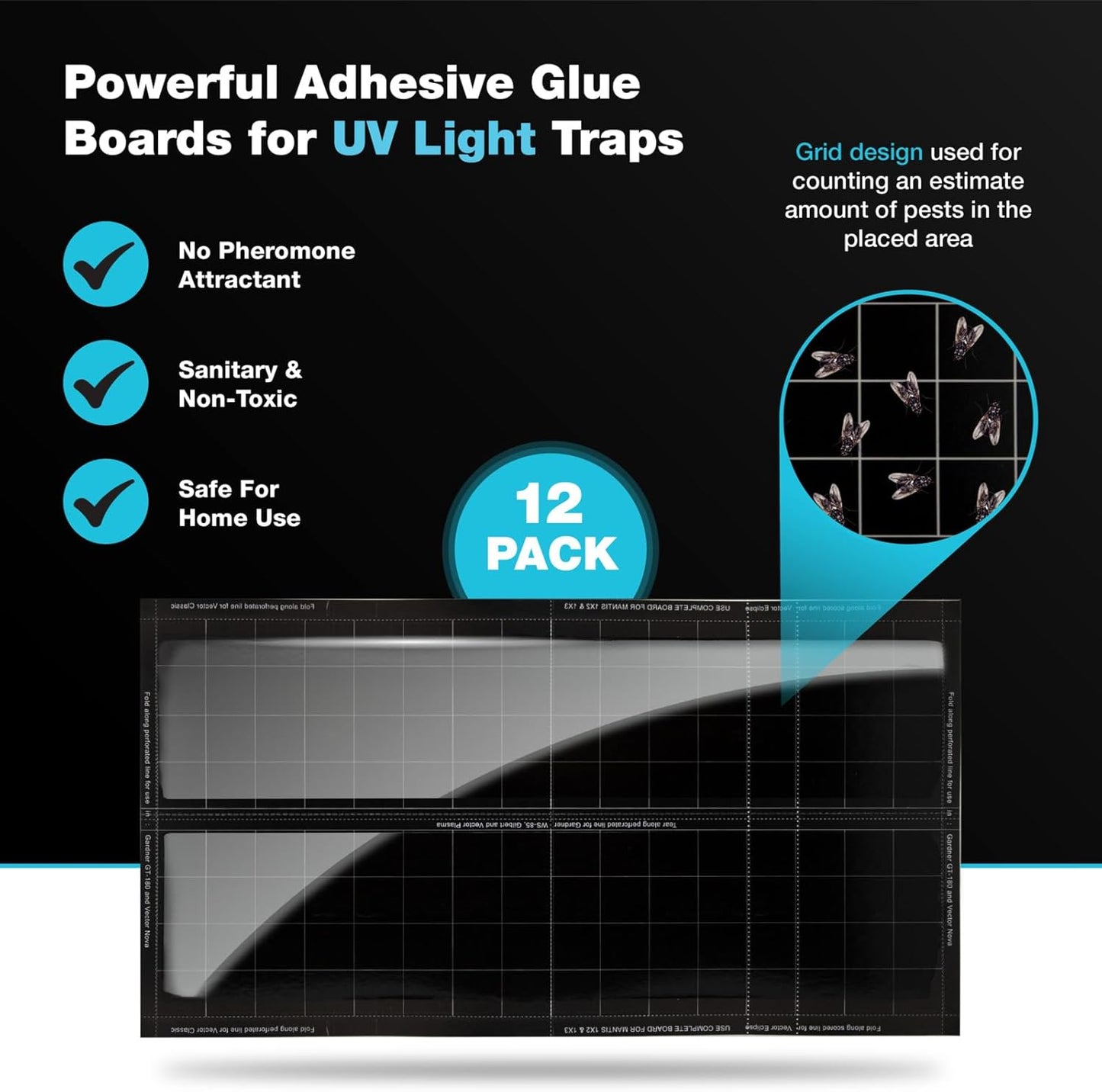 Catchmaster Vector Universal Replacement Glue Boards White, UV Light Fly Trap for Home, Unscented Gnat Traps for House, UV Lamp Insect & Mosquito Killer Refill, Adhesive Bug Light Boards, 12-Pack