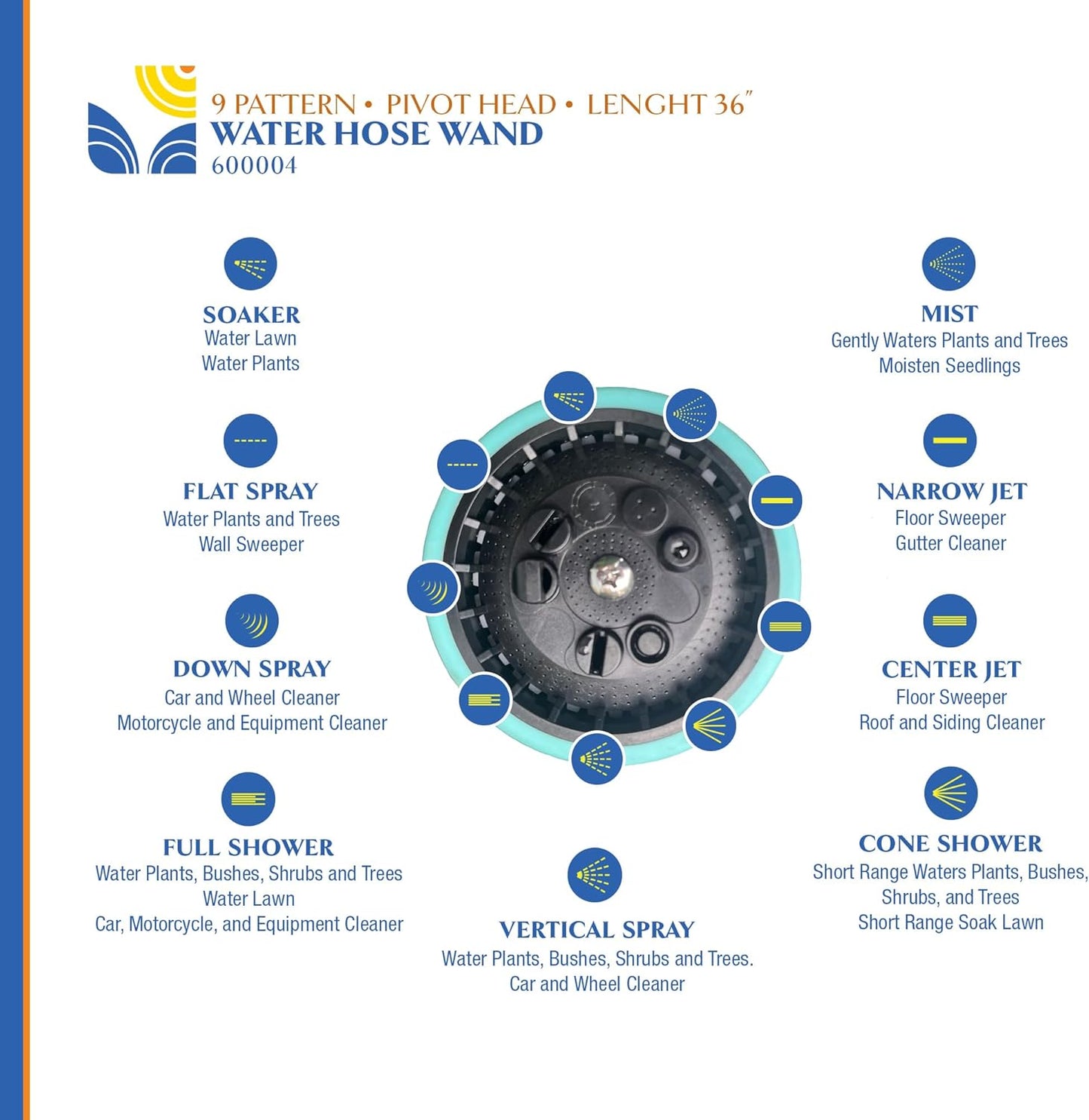 36 Inch Water Hose Wand Featuring 9 Spray Patterns and 180° Pivot Head 600004 with Comfort Grip and Lever Control by New England Garden Tools for Cleaning, Watering Plants & Yards, Washing Cars & Pets