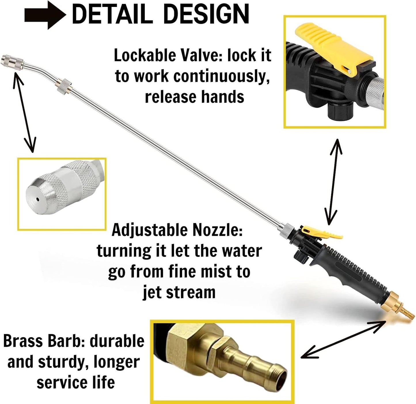 29'' Sprayer Wand Replacement, 1/4" & 3/8" Brass Barb Universal Stainless Sprayer Wand with Shut off Valve, Adjustable Watering Wand with 2 Hose Clamps & 1 Tape