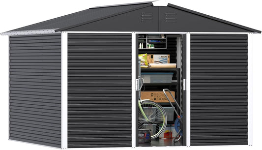 Metal Outdoor Storage Shed 10FT x 10FT, Steel Utility Tool Shed Storage House with Sliding Door, Metal Sheds Outdoor Storage for Backyard Garden Patio Lawn, Black