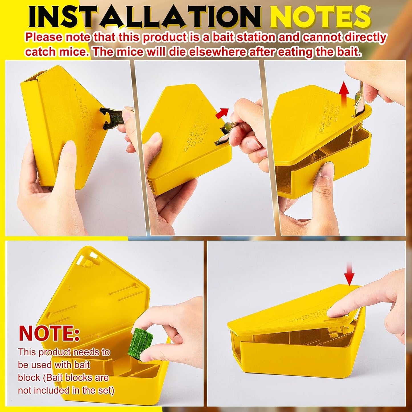 Qualirey 36 Pcs Mice Station with Key Triangle Bait Station Reusable Rodent Trap Bait Box, Keeps Children and Pets Safe Indoor & Outdoor, Bait Not Included, Suitable for Small Mice (Yellow)