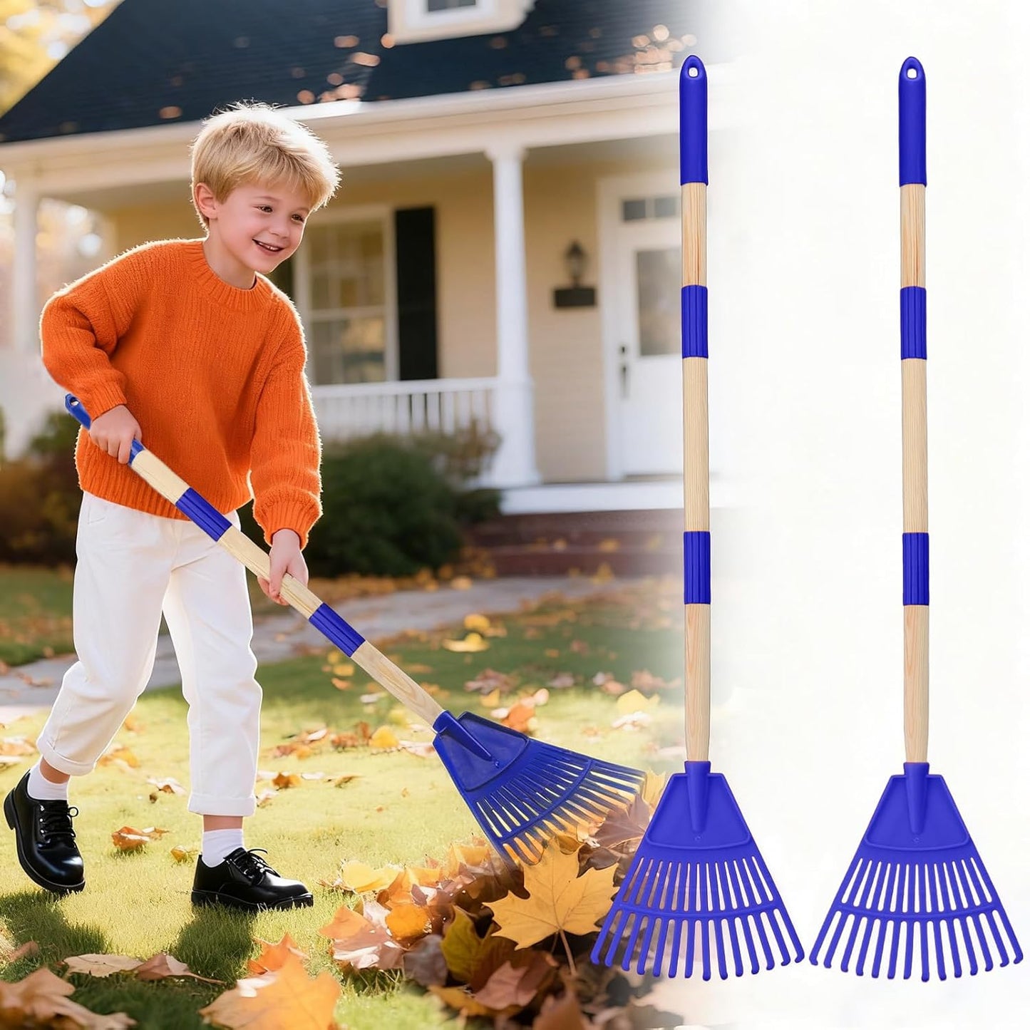 Acostop 2 Pcs Kids Rakes with Wood Handle - 34" Lightweight Plastic Garden Rake for Leaves, Safe to Use Kid Yard Tools for Boys Girls Fall Gardening Gifts (Blue)
