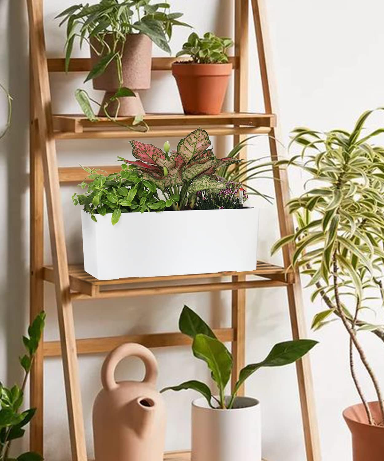 GardenBasix 7.5''x20'' White Self Watering Rectangle Planter Pots with 10 Quarts Coco Soil, Indoor Outdoor, Easy to Observe Water Level, Stylish and Simple