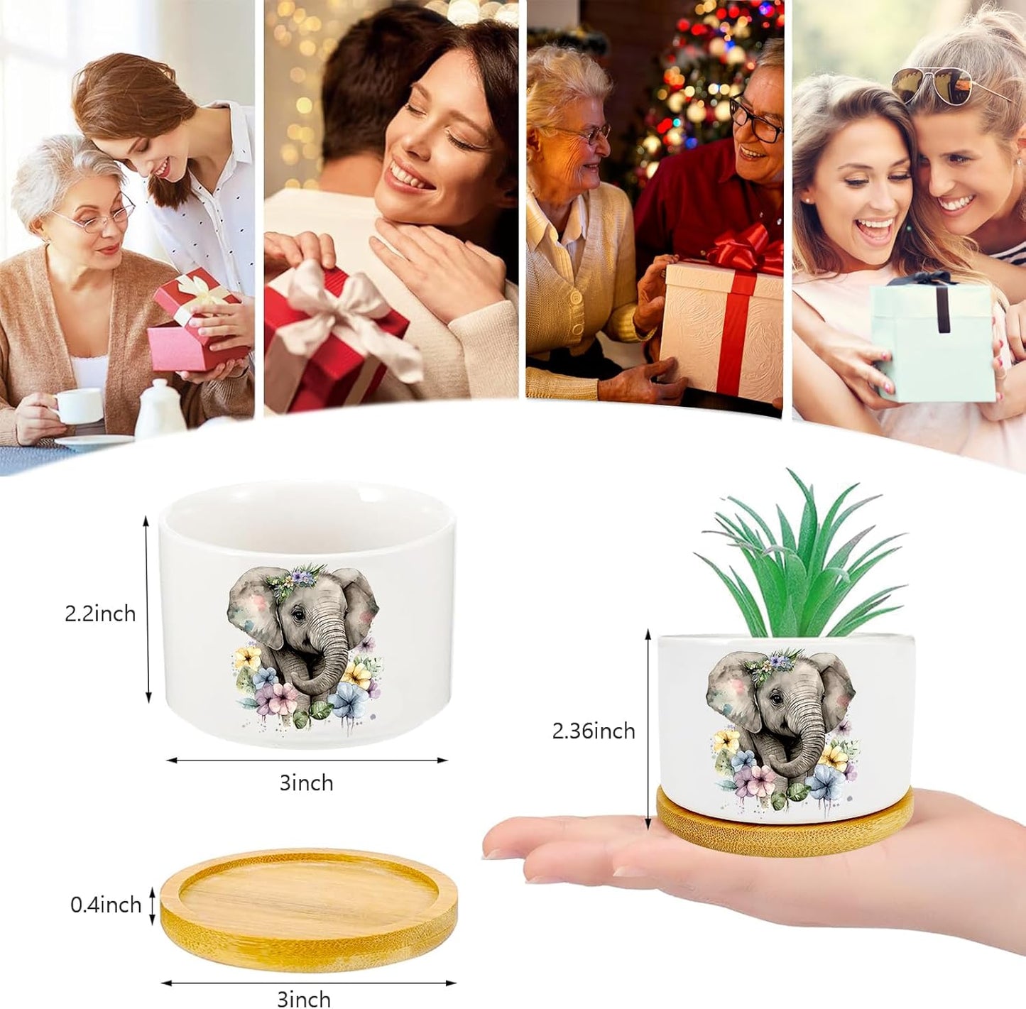 Elephants Succulent Pots 3 Pack, 3 Inch Succulent Planters with Drainage and Bamboo Tray, Elephants Gifts for Women, Ceramic Small Pots for Baby Plants, Cactus, Herbs- Plants Not Included