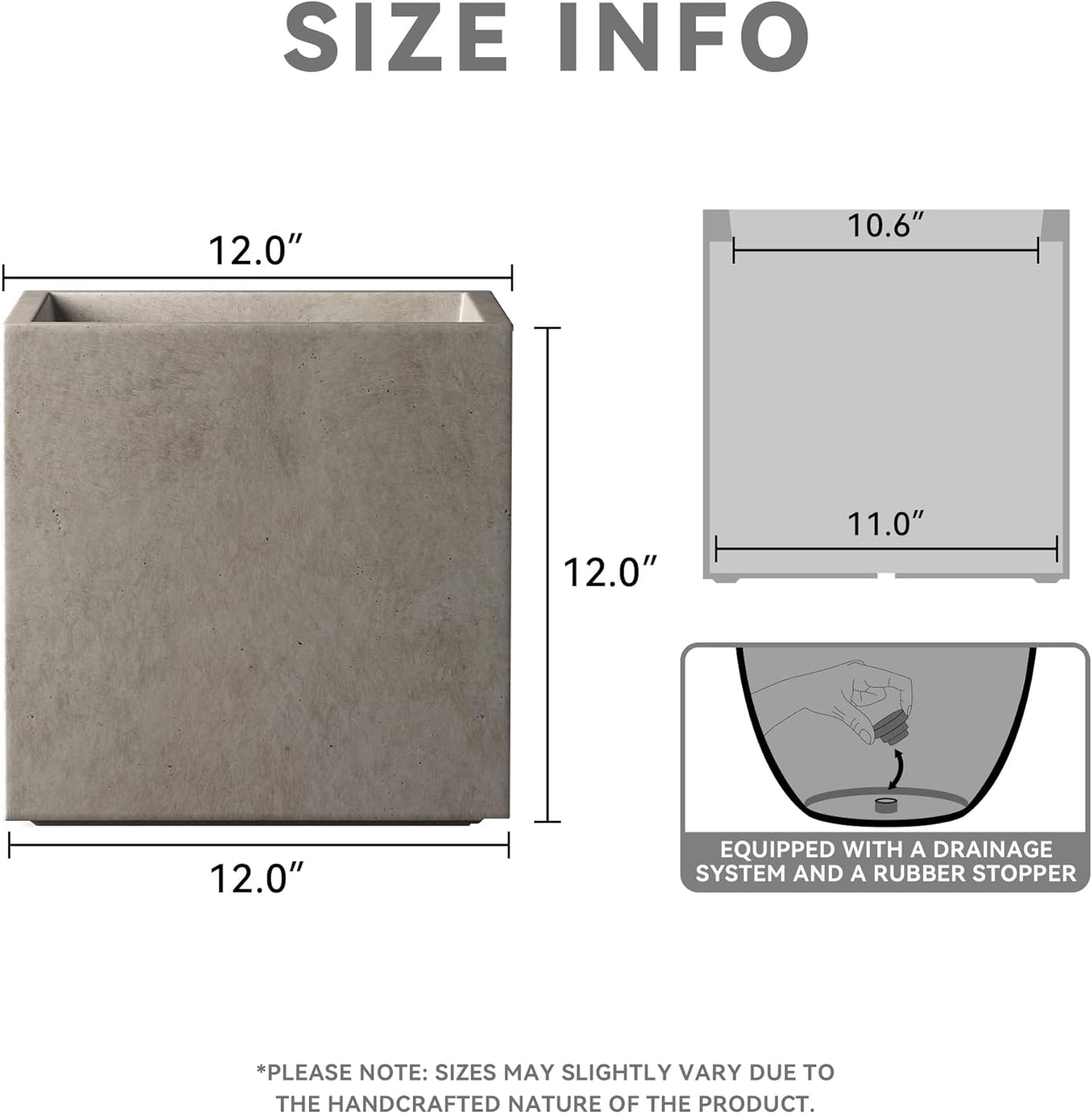 Kante 12 Inch Square Concrete Planter for Outdoor Indoor Home Patio Garden, Large Plant Pot with Drainage Hole and Rubber Plug, Weathered Concrete