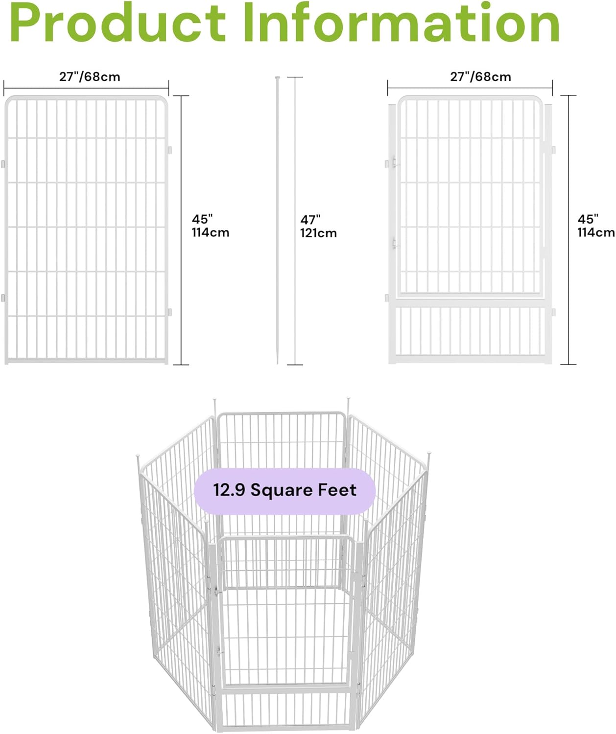 Garden Fence with Gate 45 in(H) x 13.4 ft(L) 6 Panels, Heavy Duty Metal Animal Barrier for Dog and Rabbit, Outdoor Fencing, Easy Set Up, White