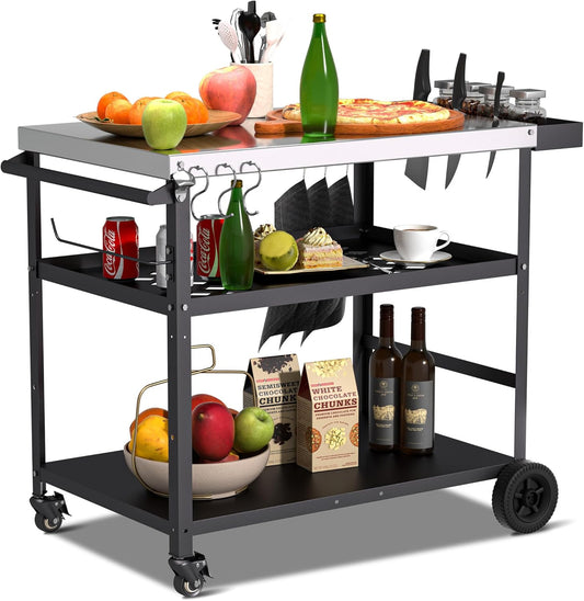 Spurgehom Outdoor Grill Cart, Pizza Oven Stand Table with Wheels Dining Cart for Outside Patio, Movable Kitchen Cooking Prep Table BBQ Cart with Mesh Racks for Home Party, Bar, Camping