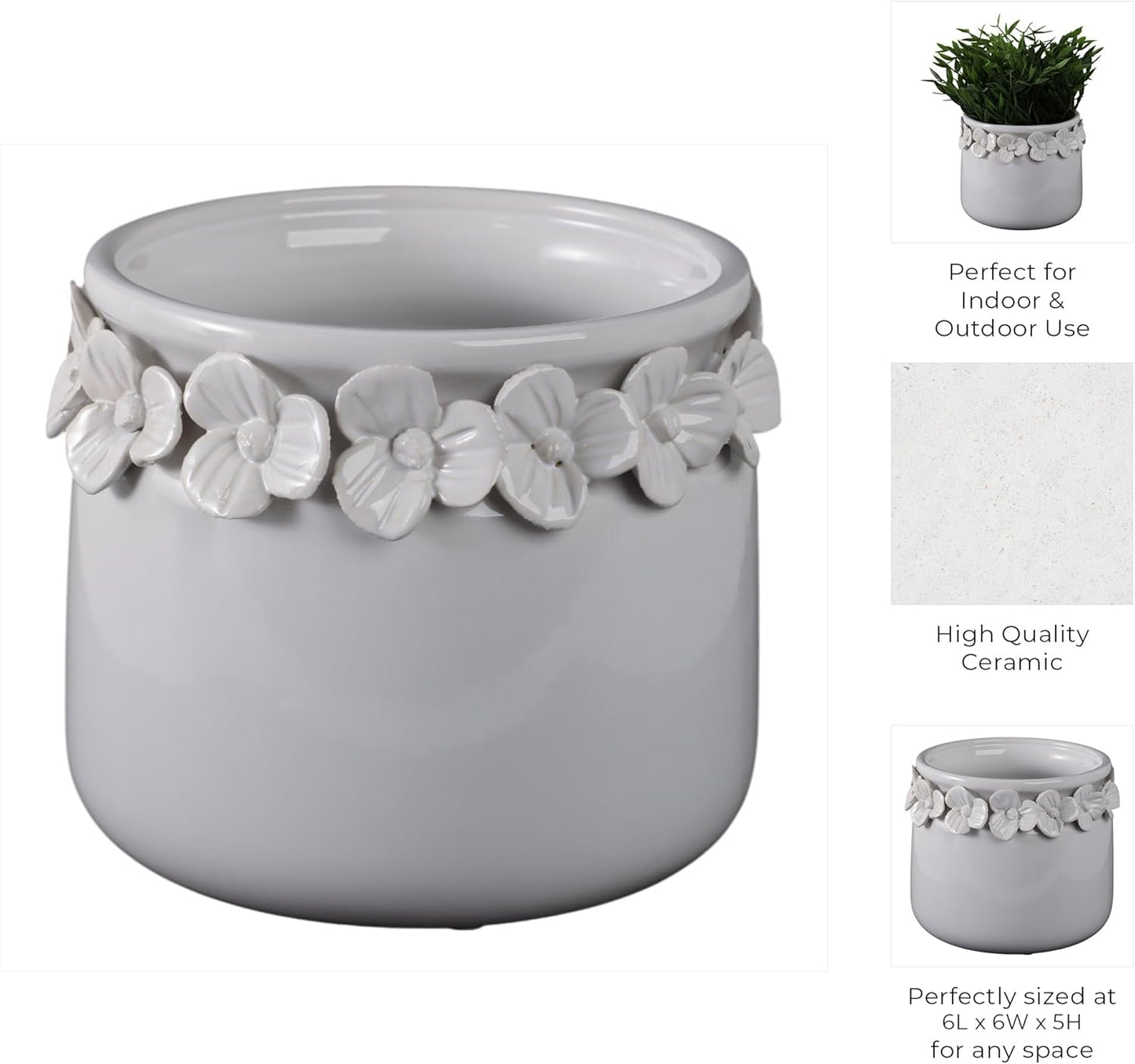 Decorative Flower Pot for Home Decor – Ceramic Indoor or Outdoor Planter with Sculpted Floral Rim for Succulents or Houseplants – Pot for Plants Perfect for Garden, Patio, or Room Decor – 5" White