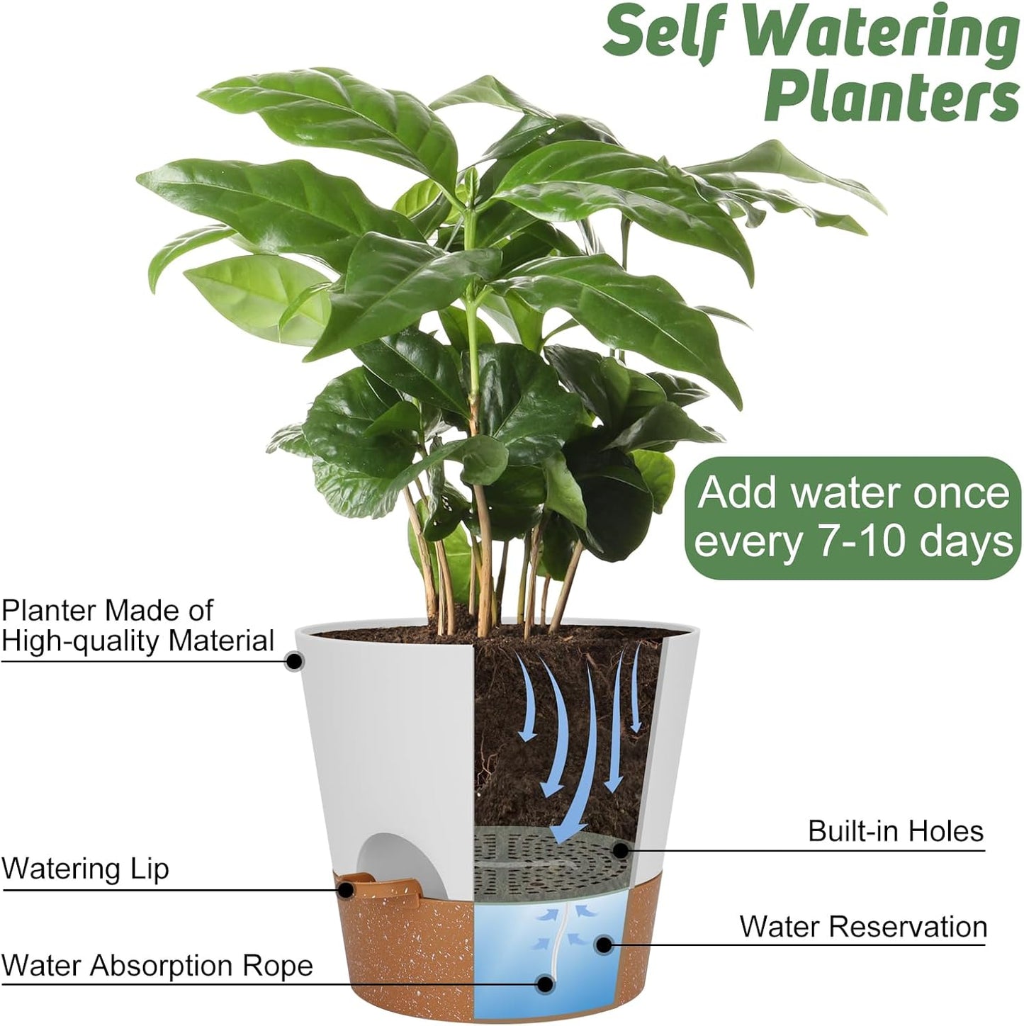 10 inch Plant Pots, Self-Watering Planters with Drainage Holes & Saucers for Indoor and Outdoor Plants (2-Pack,White