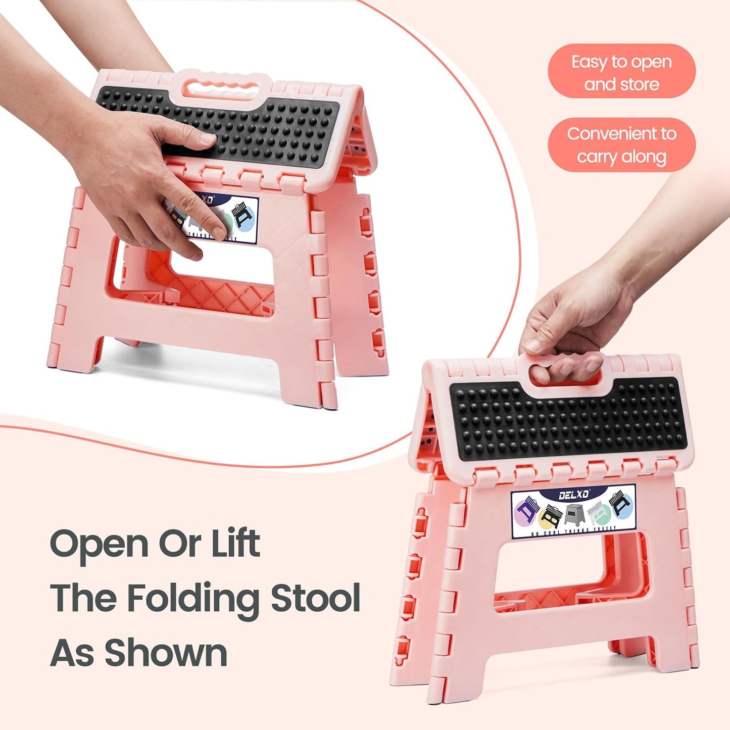 Delxo Folding Step Stool 9 Inch,Non-Slip Foldable Stools for Kids & Adults Up to 300 LBS,Kitchen Collapsible Fold Up Stepping Stool with Dotted 1 Pack,Pink