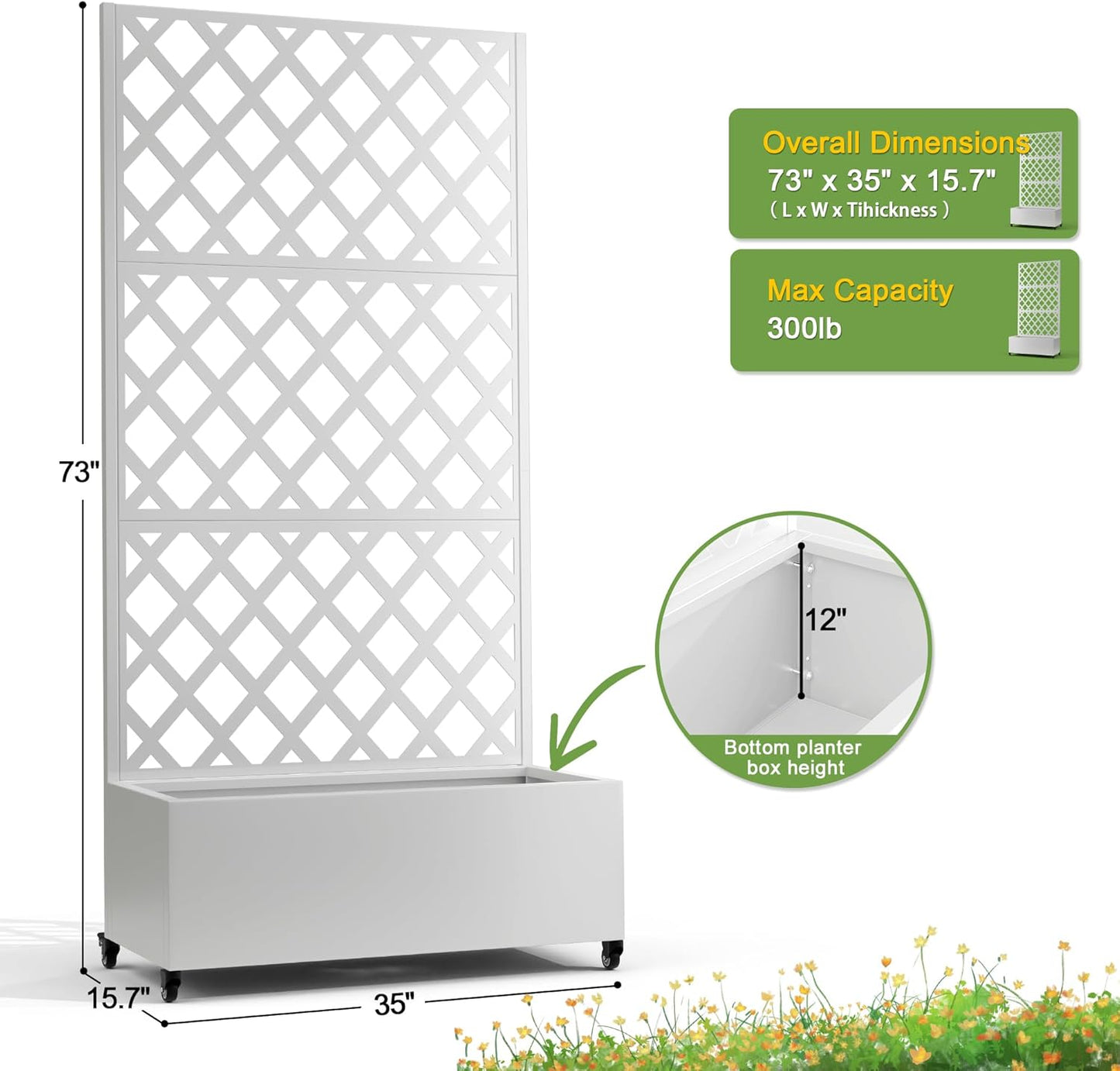 FENCY Metal Planter Box with Diamond Lattice Trellis Planter Box for Climbing Plants/Vines, Galvanized Raised Garden Bed On Wheels, Garden Bed with Trellis(73"x35" White)
