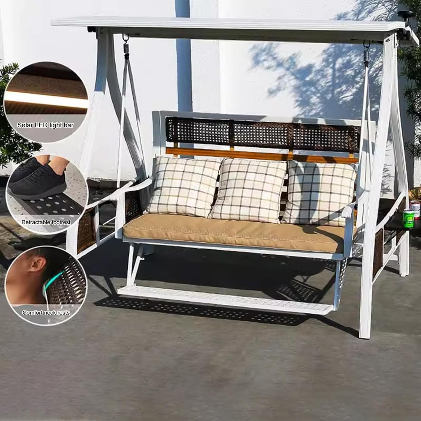 2/3-Seat Outdoor Patio Porch Swing with Adjustable Aluminum Alloy Canopy Solar Patio Swing Chair Bench with Footrest Side Cup Holder for Backyard Lawn (Himalaya White-3 Seat)