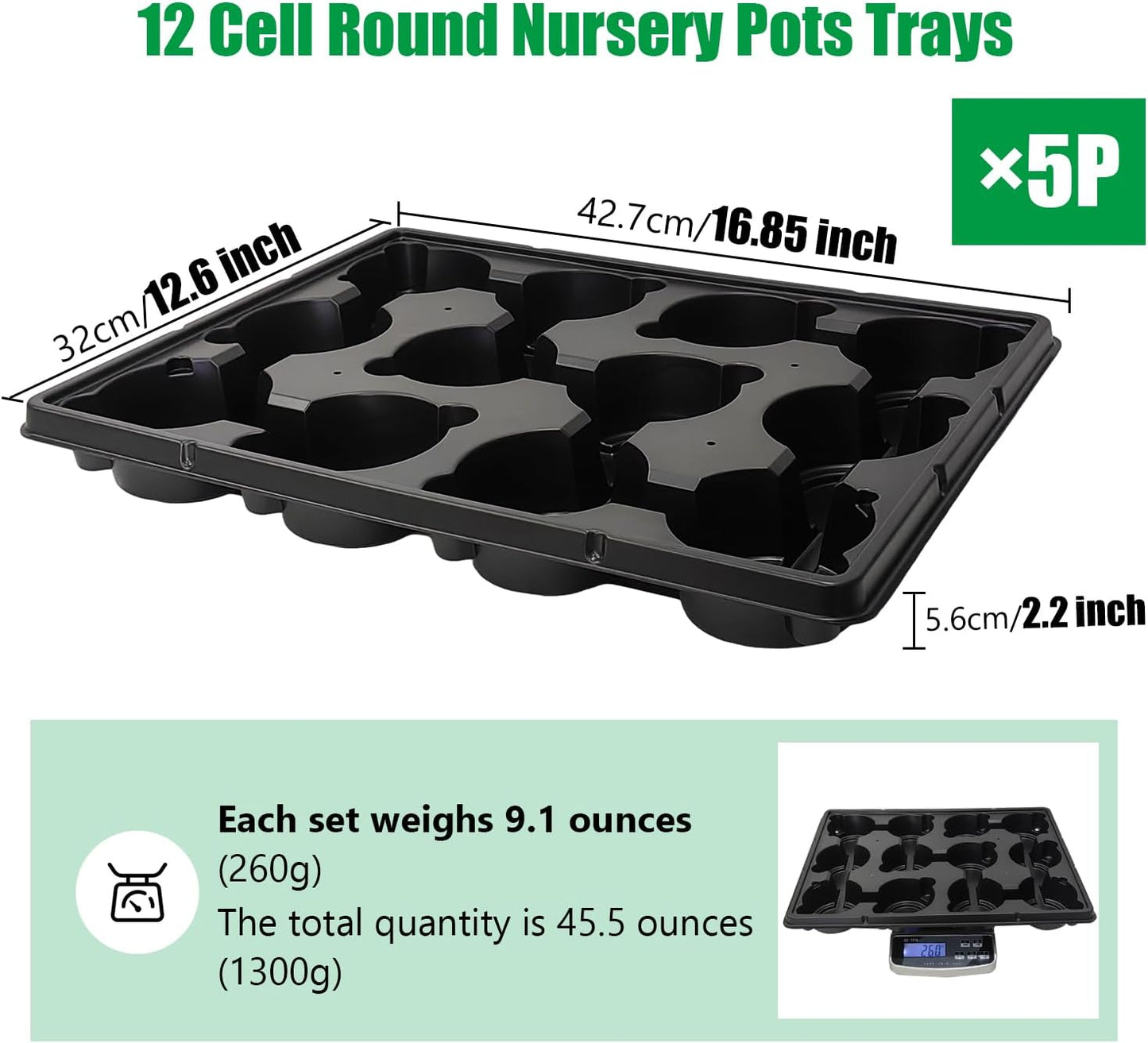 12 Cell Round Nursery Trays Thickened Durable Seedling Pots Shuttle Carrying Trays for Holding 4 inch Pots (16.85" 12.6", 5-Pack)