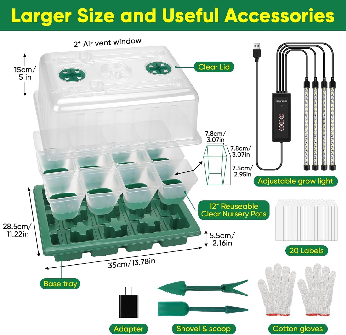 BlumWay Seed Starter Tray with Grow Light,24 Pack 2.9 inch Reuseable Clear Nursery Pots with Silicone Base/Humidity Dome for Deep-Rooted Seedlings,Adjustable Timed Light Plant Starter Set