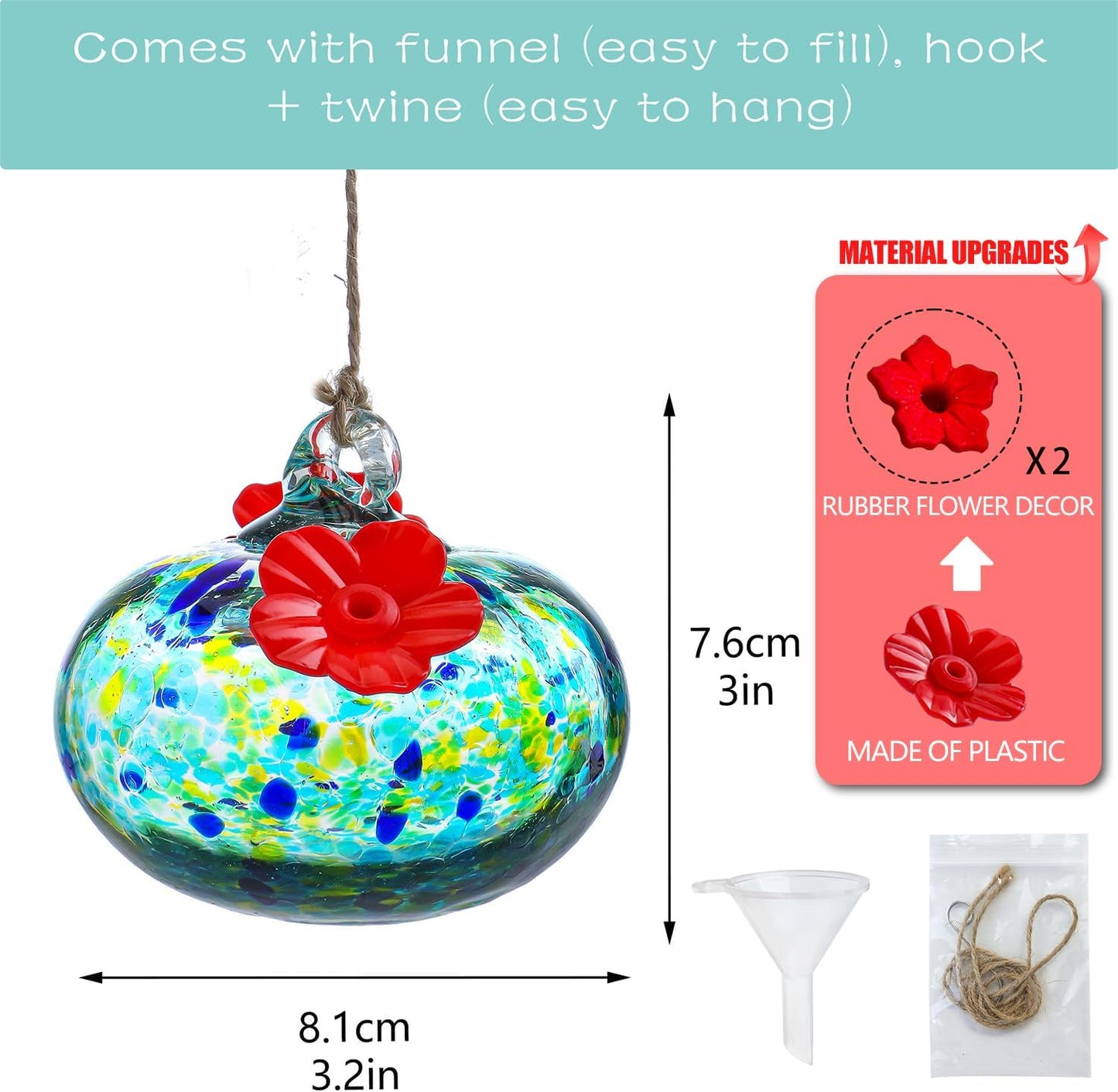 3.3OZ Glass Hummingbird Feeder with 2 Feeding Ports Blown Glass Hummingbird Feeder for Outdoors Hanging Garden Patio Decoration Uniques Gifts for Women