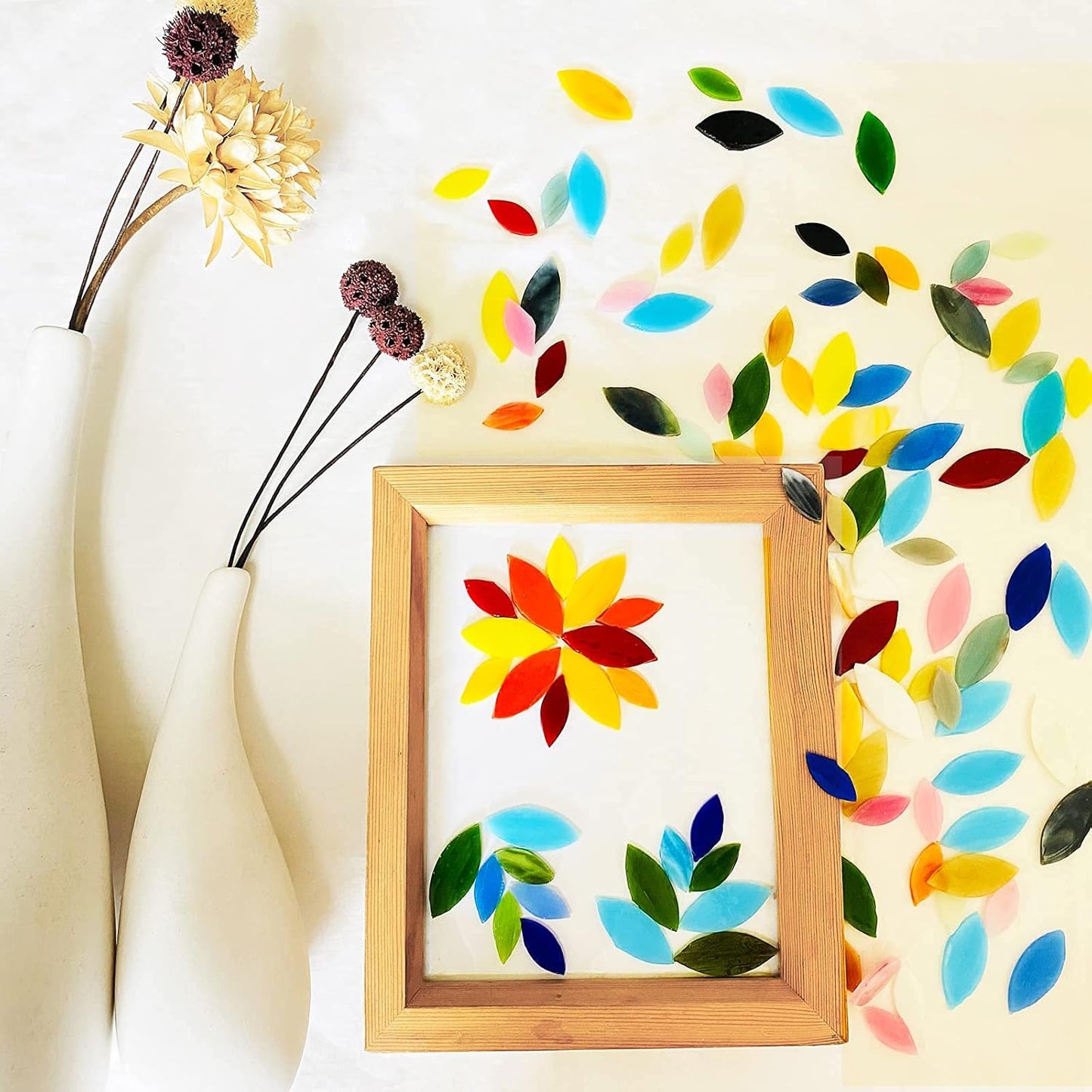 120 Pcs Petal Mosaic Tiles for Crafts, Hand Cut Stained Glass Petals, Mosaic Flower Pieces, Tiffany Glass Tiles Supplies Kit for Mosaics and Crafting, Assorted Size and Colors