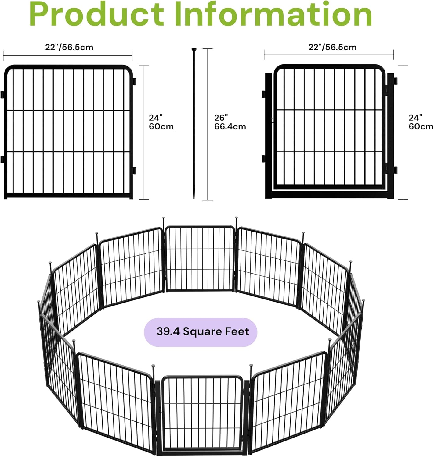 Decorative Garden Fence with Gate 24 in(H) x 22.2 ft(L) 12 Panels, Heavy Duty Metal Animal Barrier Fence for Yard, Flower Bed Fencing, Garden Border Fence, Easy Set Up, Black