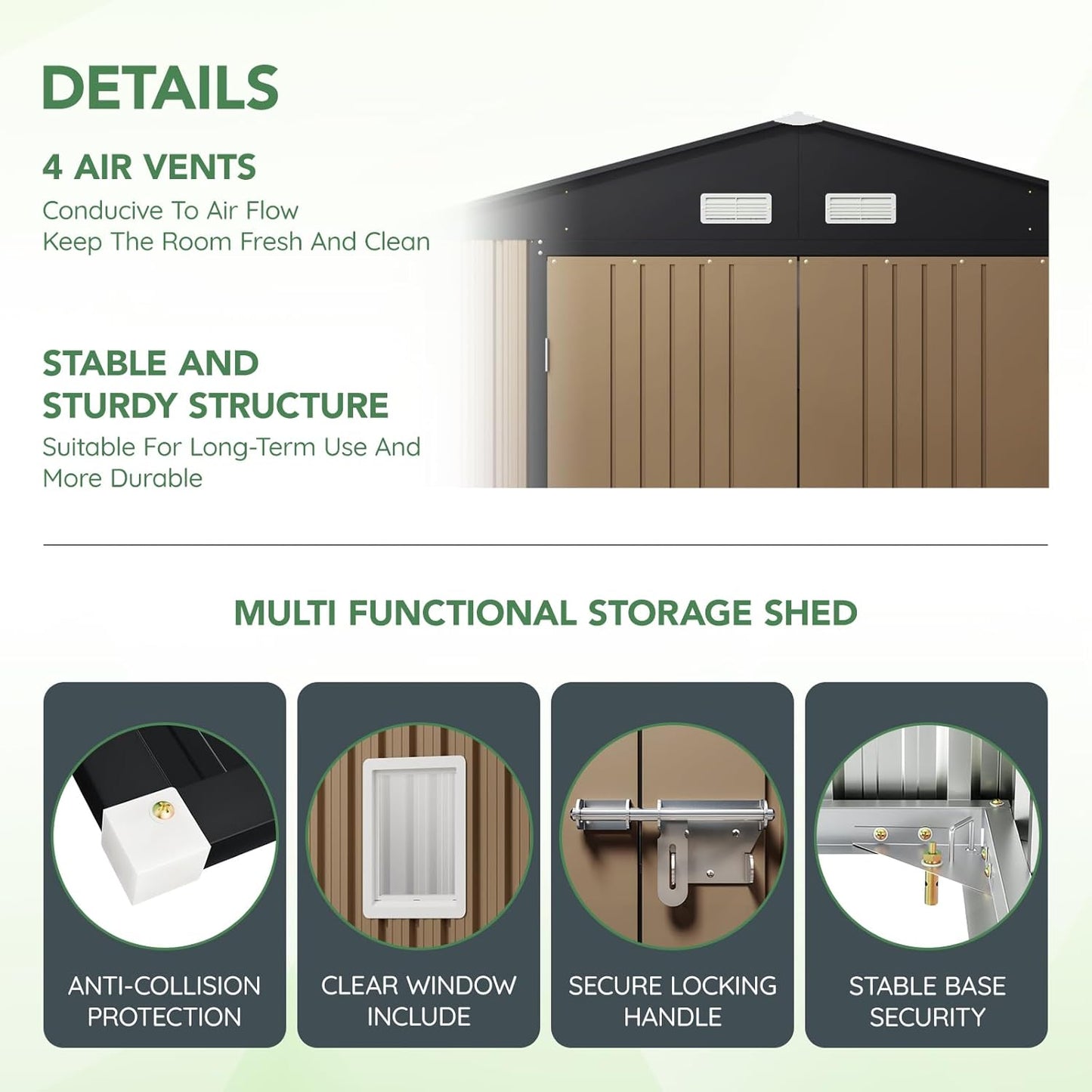 10X12X7.5 FT Outdoor Steel Storage Shed with Lockable Doors, 2 Windows, Transparent Roof Panels (Wood Panels & Frame Floor Not Included), Ideal for Patio Storage,Garbage Can, Chicken Coop，Brown