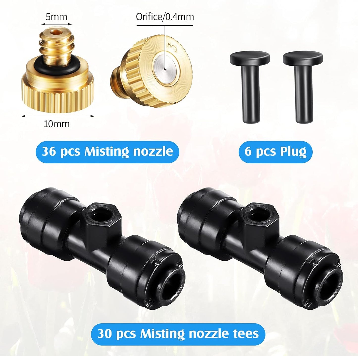 Misting Nozzles Kit Include Water Misting Tees Thread 1/4 Inch and Brass Orifice Nozzle with Black Plug for Outdoor Spray Cooling System(72 Pieces)