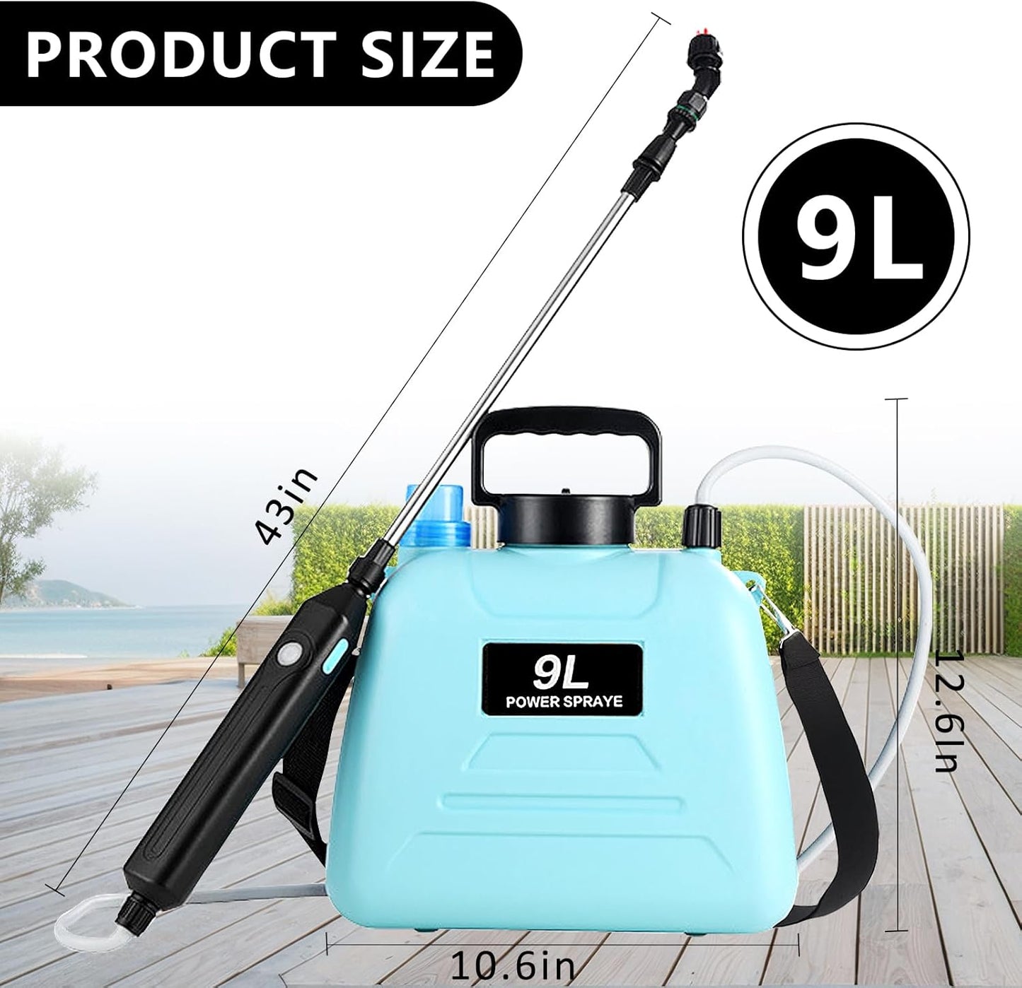 2.4 Gallon Battery Powered Sprayer, Electric Battery Operated Sprayer, Weed Power Sprayers in Lawn and Garden with Adjustable Shoulder Strap and Rechargeable Handle, 3 Mist Nozzles (Blue)