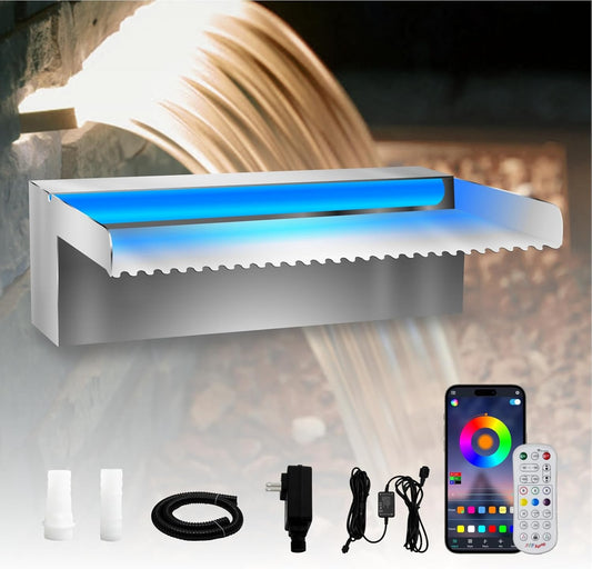 Pool Waterfall Spillway Stainless Steel Koi Pond Fountain, APP Control LED Lighted Waterfalls Kit, Outdoor Water Flow Fountains for Garden Swimming Pool Decoration-11.8"x7.8"x3.9"