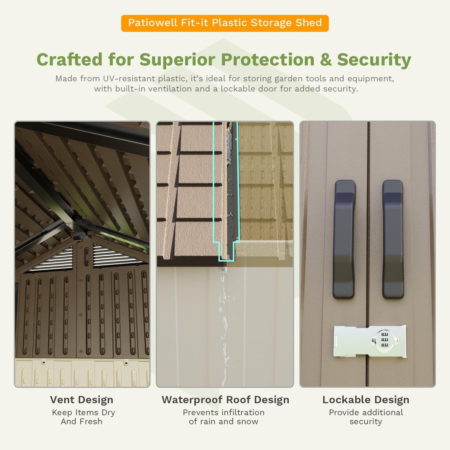 Patiowell 8 x 6 FT Plastic Outdoor Storage Shed with Floor, Resin Shed with Window and Lockable Door for Garden, Backyard, Tool Storage Use, Easy to Install in Brown (Kick-it Shed)