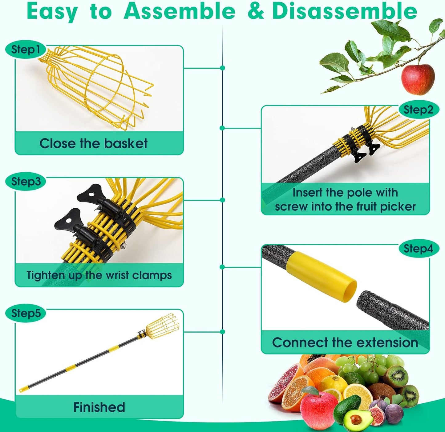 Fruit Picker Pole with Basket,8FT Long Heavy Duty Mango Picker Tool with Adjustable Fruits Picking Pole, Fruits Picking Grabber for Lemon,Apple,Almonds,Avocados