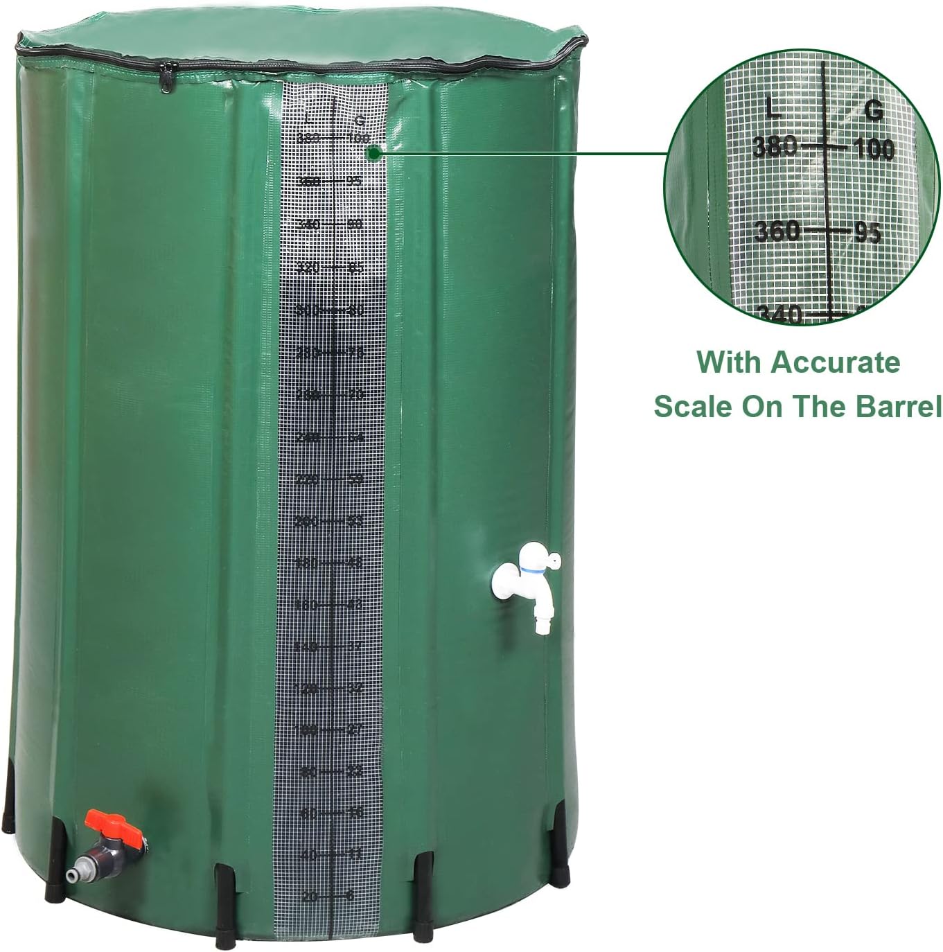 100 Gallon Collapsible Rain Barrel, Rain Catcher Barrel, Portable Rainwater Collection System with Volume Scale Mark, Two Spigots and Overflow Kit, Rain Water Barrel Collector for Garden, Green