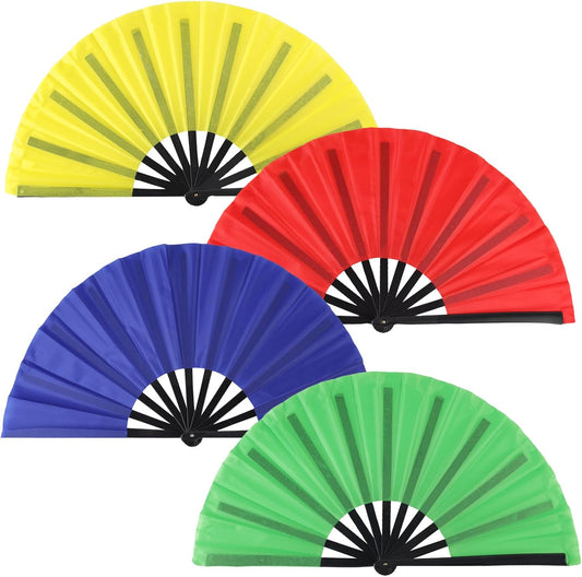 4 Pack Large Folding Hand Fan for Line Dance, Clap Popping Fan Chinese Kung Fu Hand Fan Decorative Folding Fans for Dance, Performance, Festival or Home Decorations(Red,Yellow,Blue,Green)