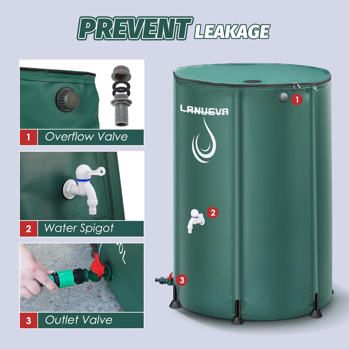 LANUEVA 66 Gallon Collapsible Rain Barrel, Rainwater Collection System with 2 Spigots, Overflow Kit and 2 Hoses, Portable Water Storage Tank with Scale Mark for Garden Plant Watering, Farm Irrigation