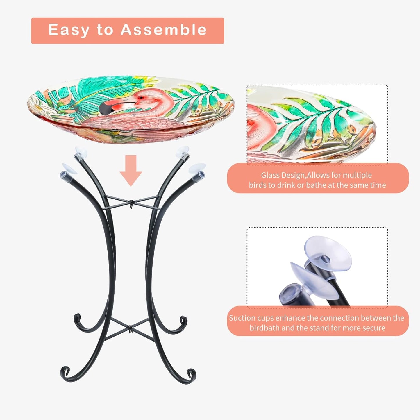 VCUTEKA 18" Outdoor Glass Birdbath with Sturdy Metal Stand for Lawn, Yard, or Garden Decor Bird Lovers Gift, Flamingo Bird Bath Detachable, 22" Height