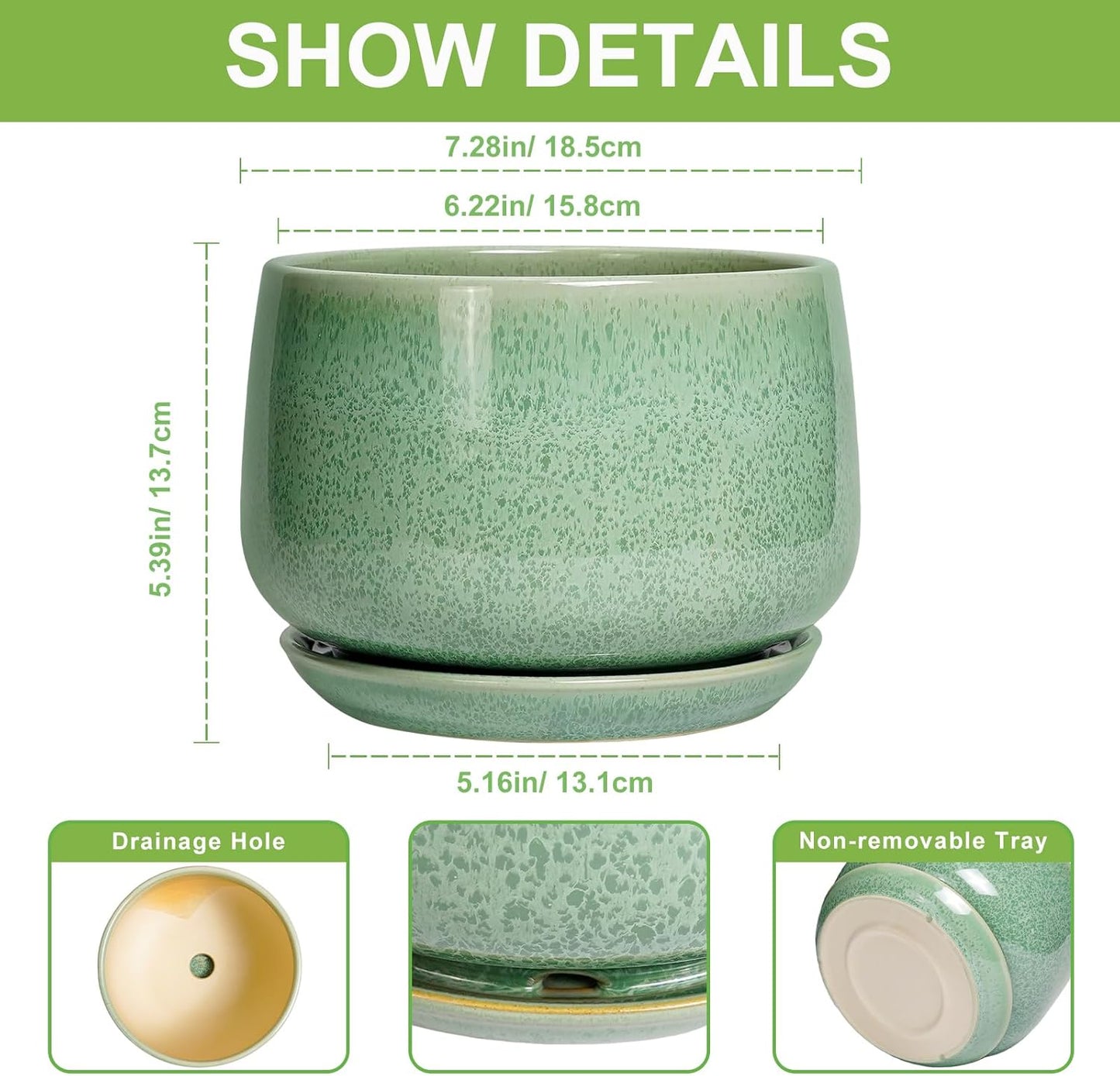 G EPGardening Ceramic Plant Pot - 7 Inch Ceramic Planter for Indoor Outdoor Plants, Flower Pot with Drainage Hole and Tray, Modern Round Planter, Plants Lovers Gifts, Home Garden Decor, Green