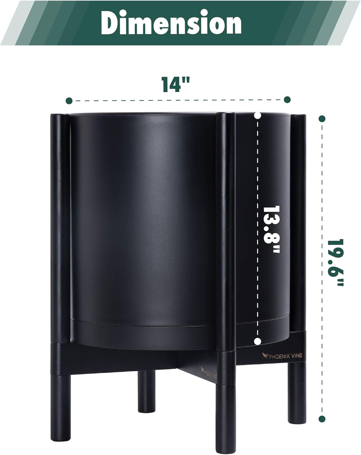 D'vine Dev Planter Pot with Stand - 14 Inch Plastic Cylinder Flower Pot with Wood Planter Holder for Indoor, Matte Black Pot + Ebony Stand, 55-C-T-2