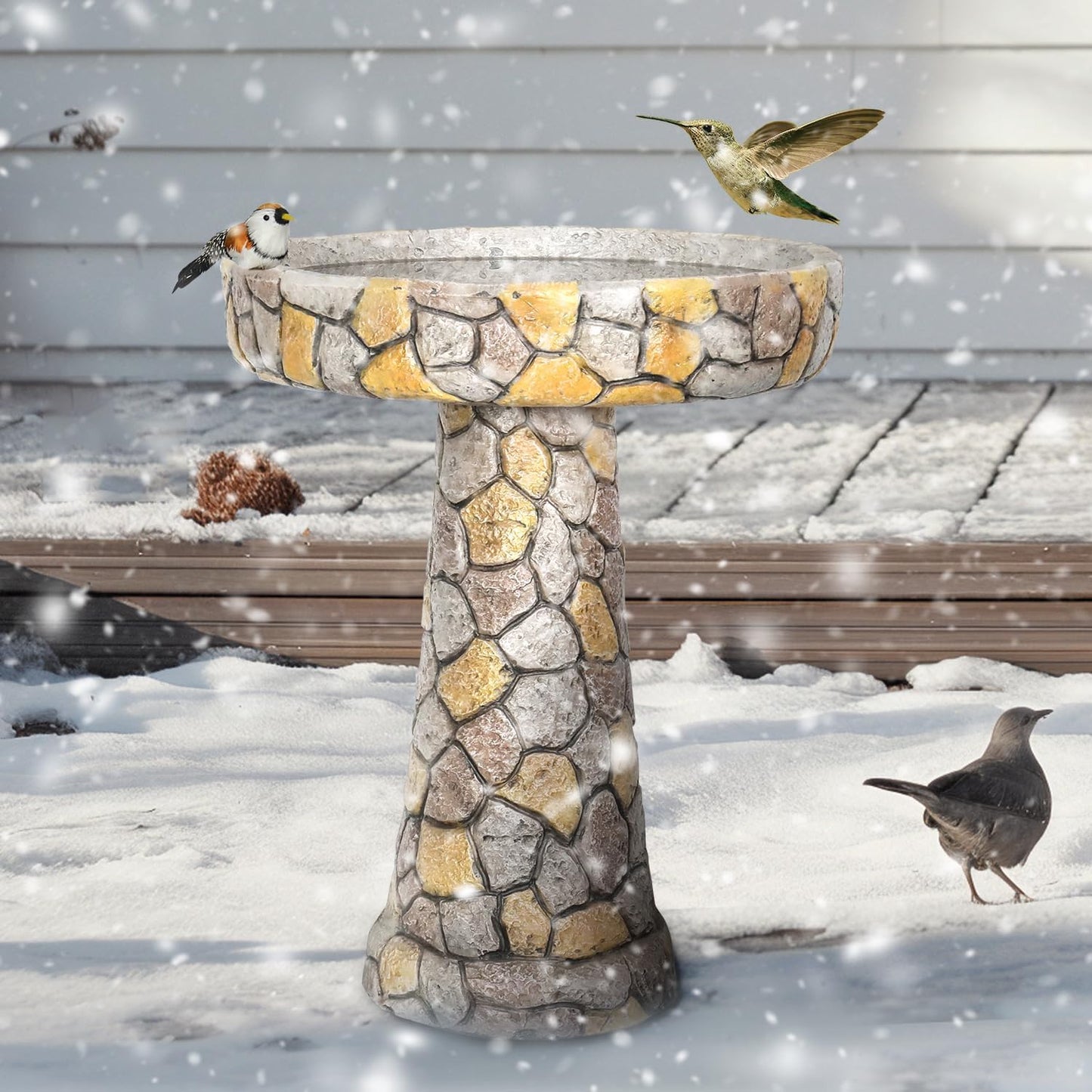 watnature Stone Like Outdoor Bird Bath - Concrete Freestanding Patio Birdbath with Pedestal for Garden, Patio, Yard, Lawn - 18.8”L X 18.8”W X 24”H Rustic Faux Stone Pedestal Outdoor Garden Birdbaths
