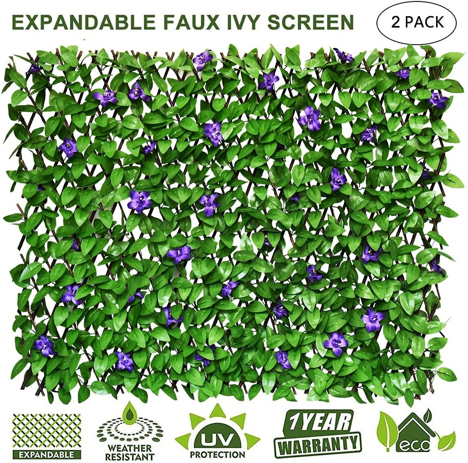 Expandable Fence Privacy Screen for Balcony Patio Outdoor,Decorative Faux Ivy Fencing Panel,Artificial Hedges (2, Purple Flower)